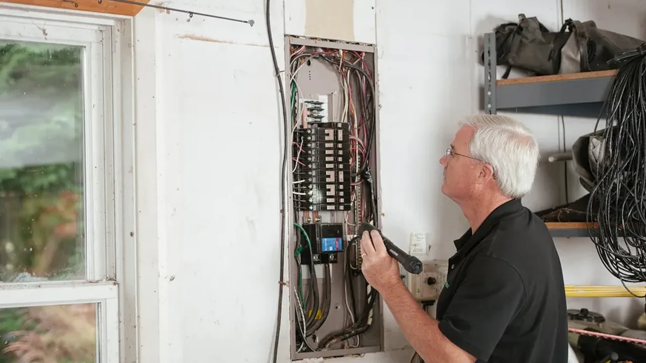 A licensed electrician using a circuit tracer on an open residential electrical panel during a safety inspection.