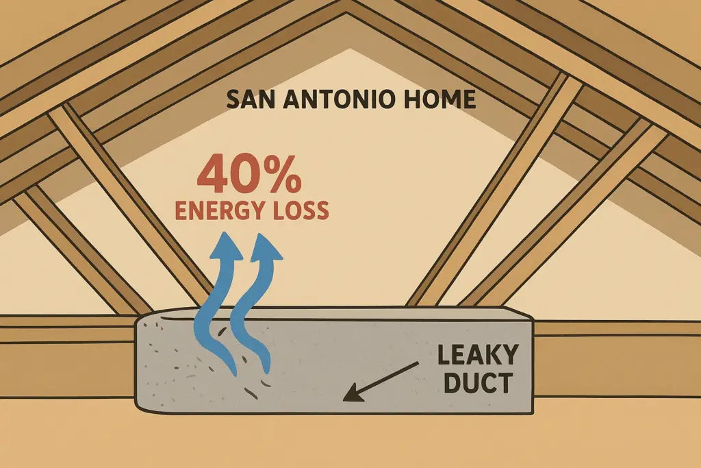 Diagram showing air escaping a leaky duct in a San Antonio home attic, representing 40 percent energy loss.