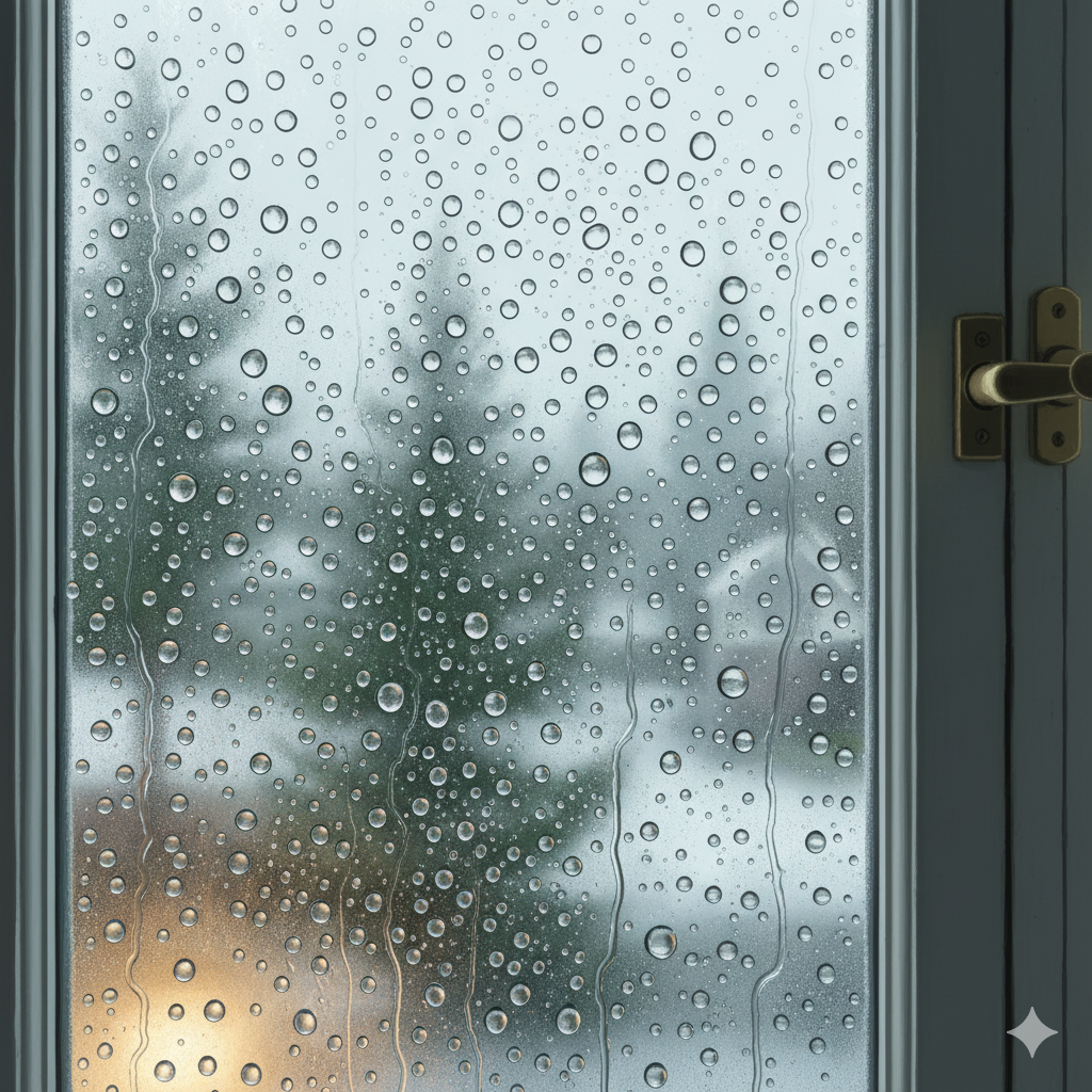 Illustration of condensation and water droplets on the inside of a home window.