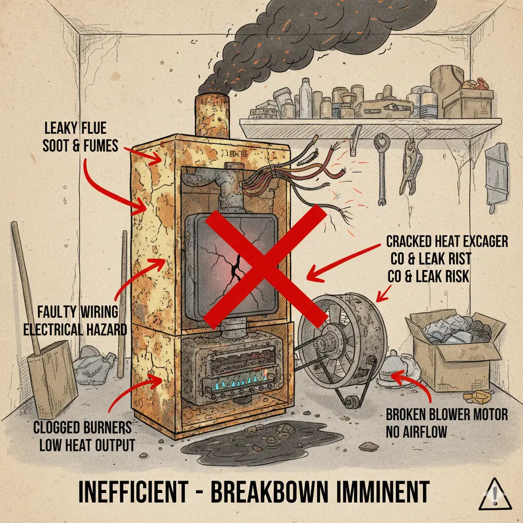 Diagram showing an old, rusty furnace unit in a garage or utility closet, symbolizing inefficiency and potential breakdown.