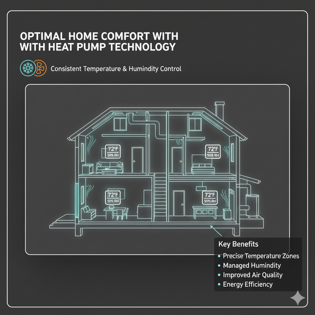 Diagram of a home showing consistent temperature zones and controlled humidity levels achieved by a heat pump.