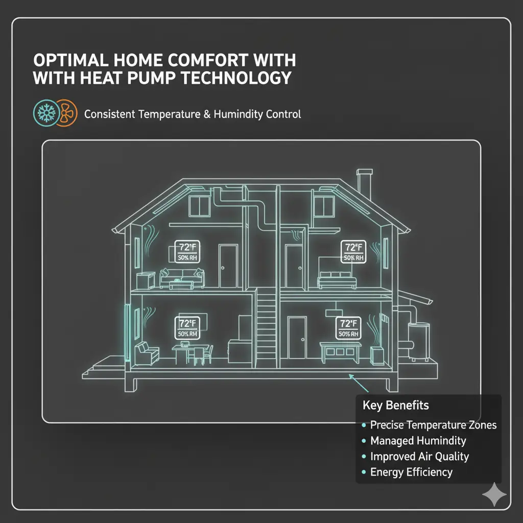 Diagram of a home showing consistent temperature zones and controlled humidity levels achieved by a heat pump.