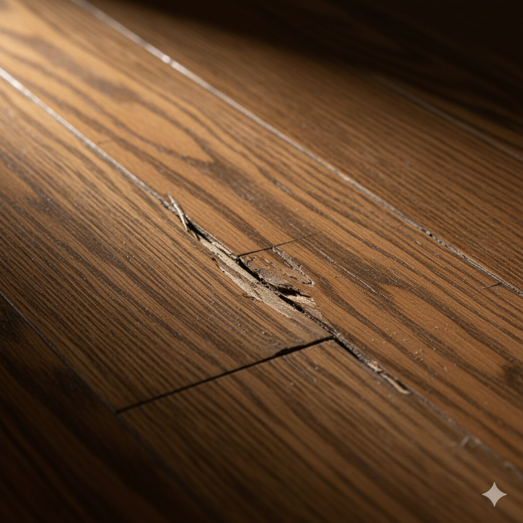 A close-up image showing cracks in a hardwood floor caused by dry winter air from a furnace.