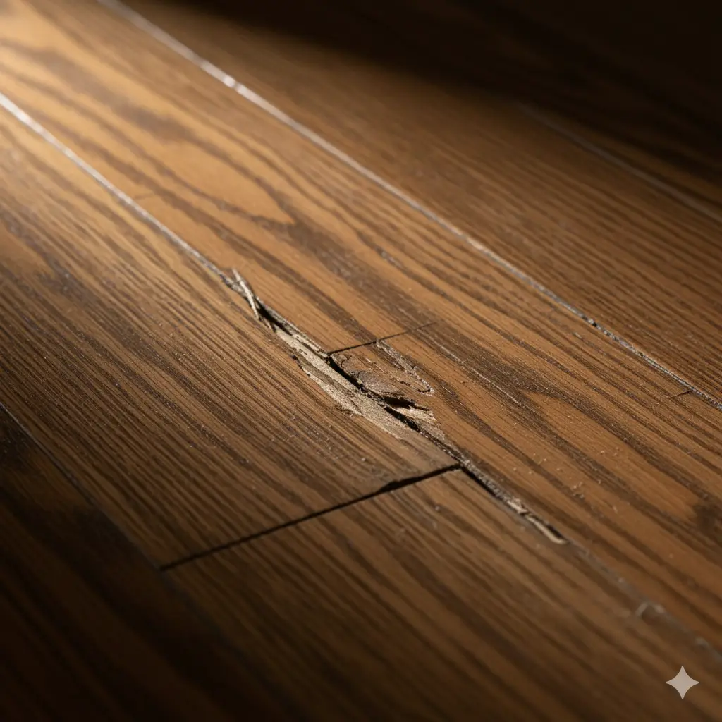 A close-up image showing cracks in a hardwood floor caused by dry winter air from a furnace.