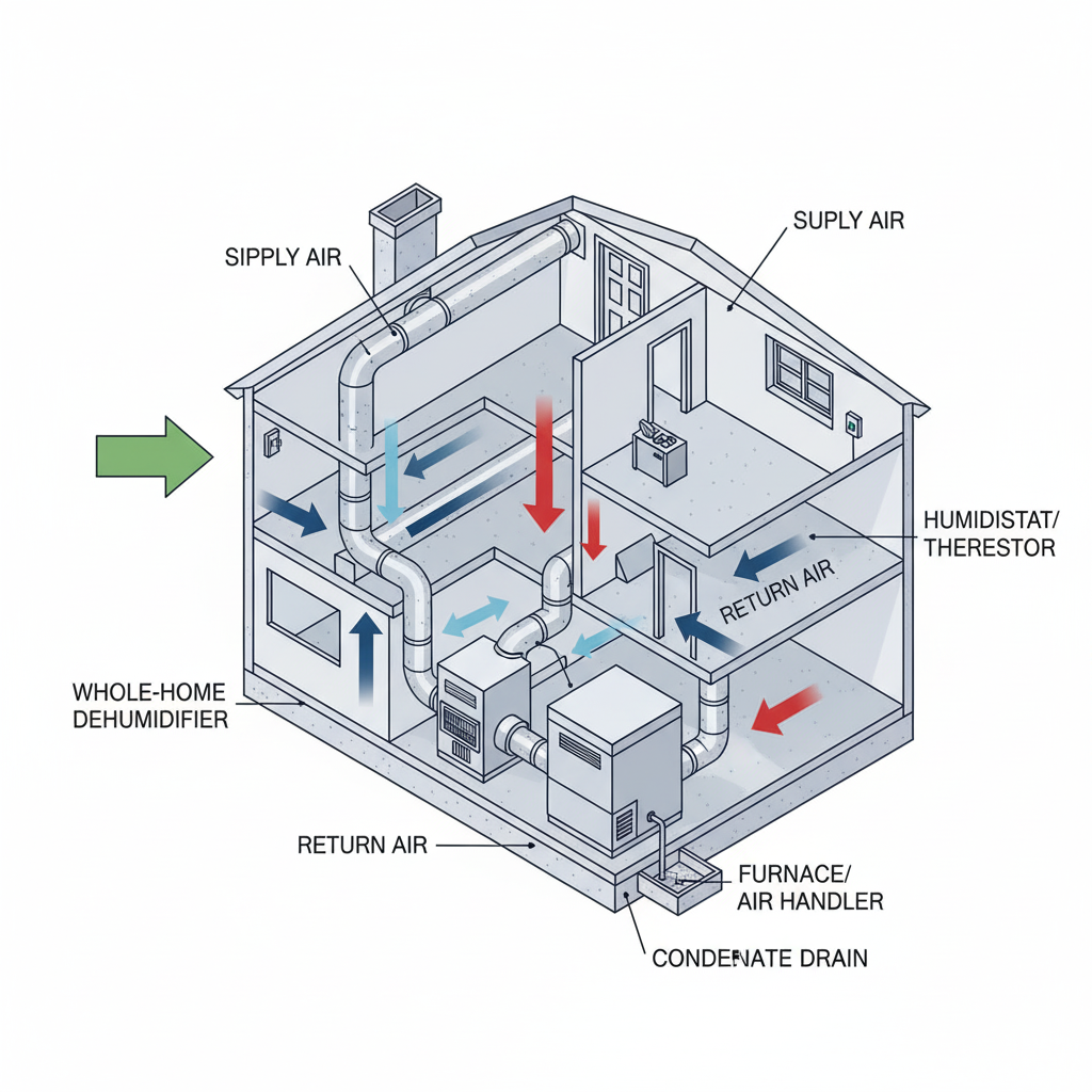 A diagram showing how a whole-home dehumidifier connects to the central HVAC system to treat the entire house.