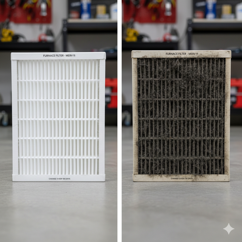 A side-by-side comparison of a clean white air filter and a dark, clogged air filter.