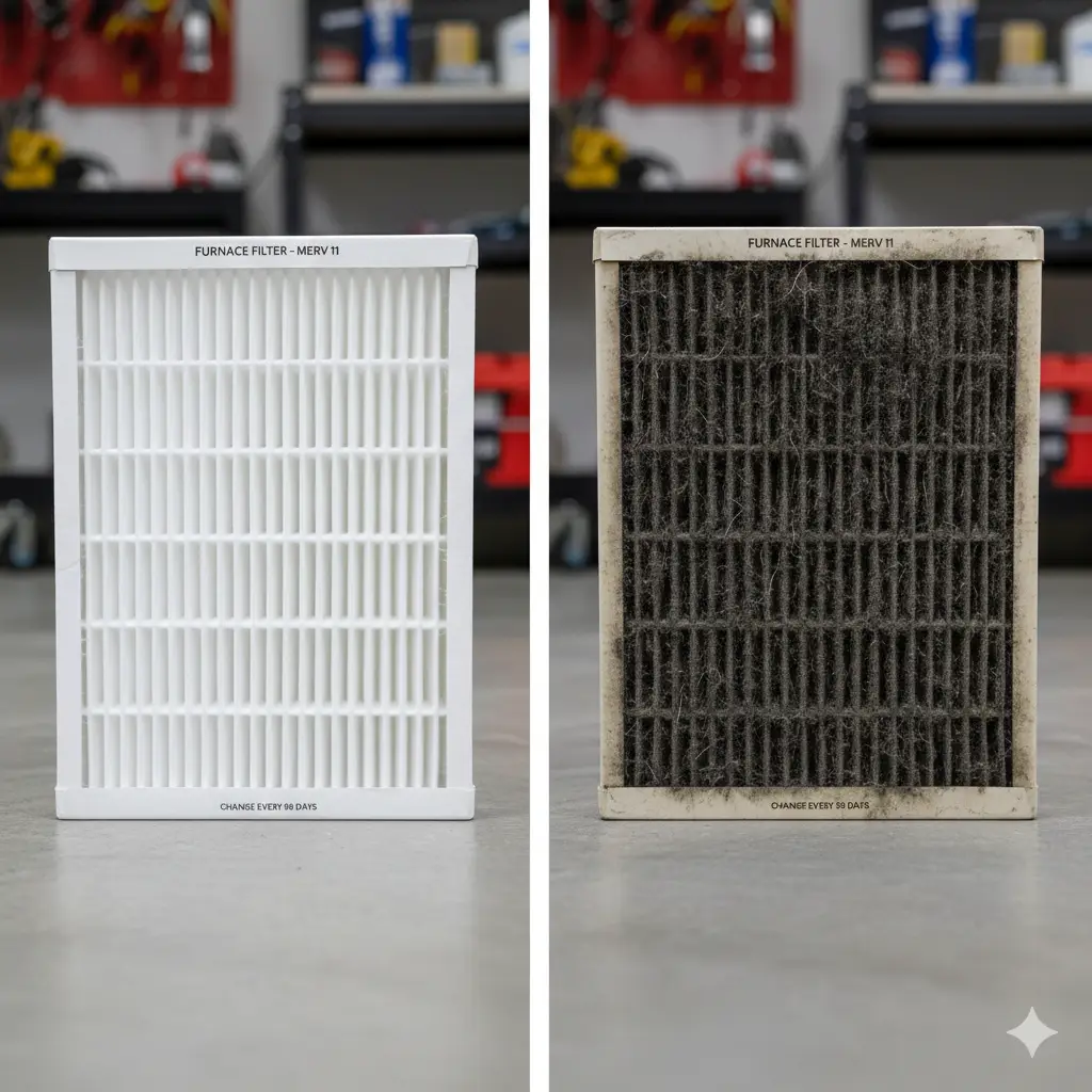 A side-by-side comparison of a clean white air filter and a dark, clogged air filter.