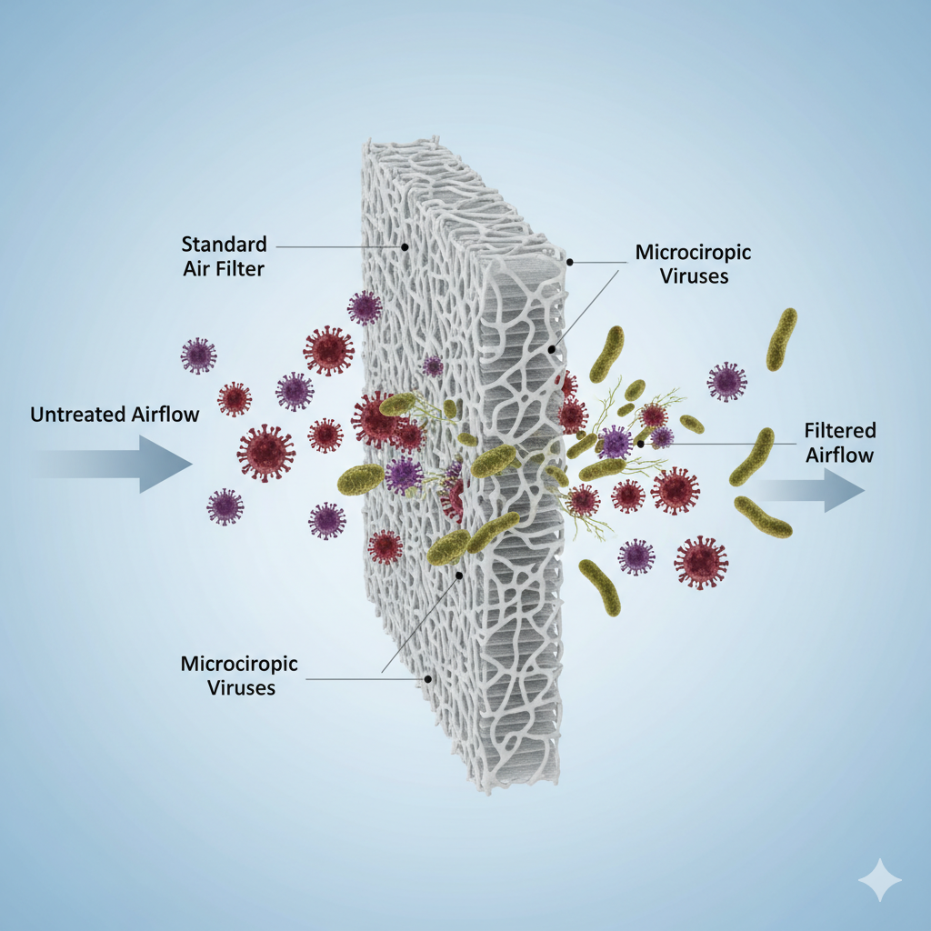 A diagram showing microscopic viruses and mold spores passing through a standard air filter.