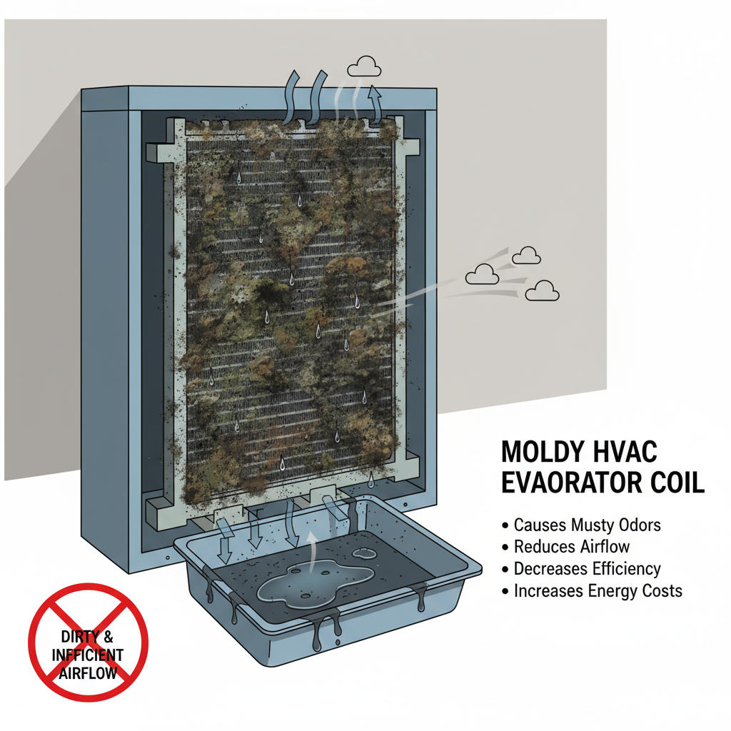 A diagram showing a dirty, moldy HVAC evaporator coil, which causes musty odors and inefficiency.