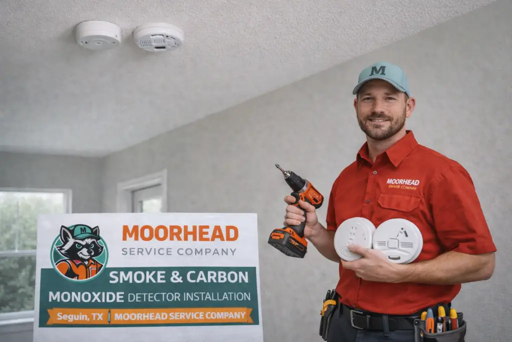 Hardwired smoke detector installed on ceiling by Moorhead Service Company licensed electrician in Seguin TX — interconnected system with battery backup