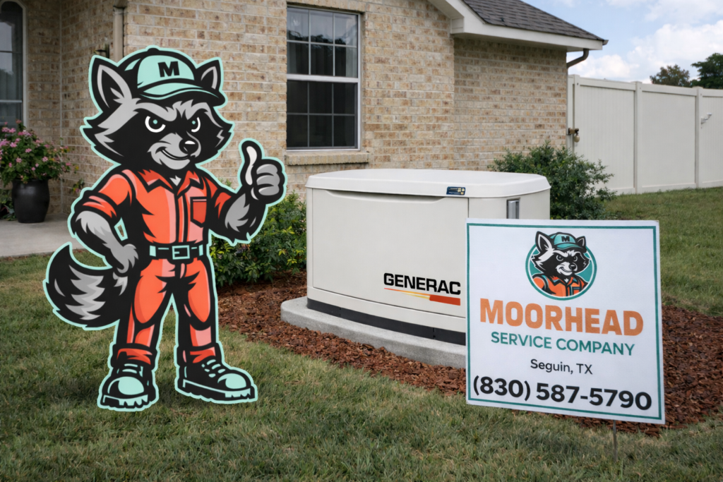 Generac home standby generator installed outside a Seguin TX residential home by Moorhead Service Company
