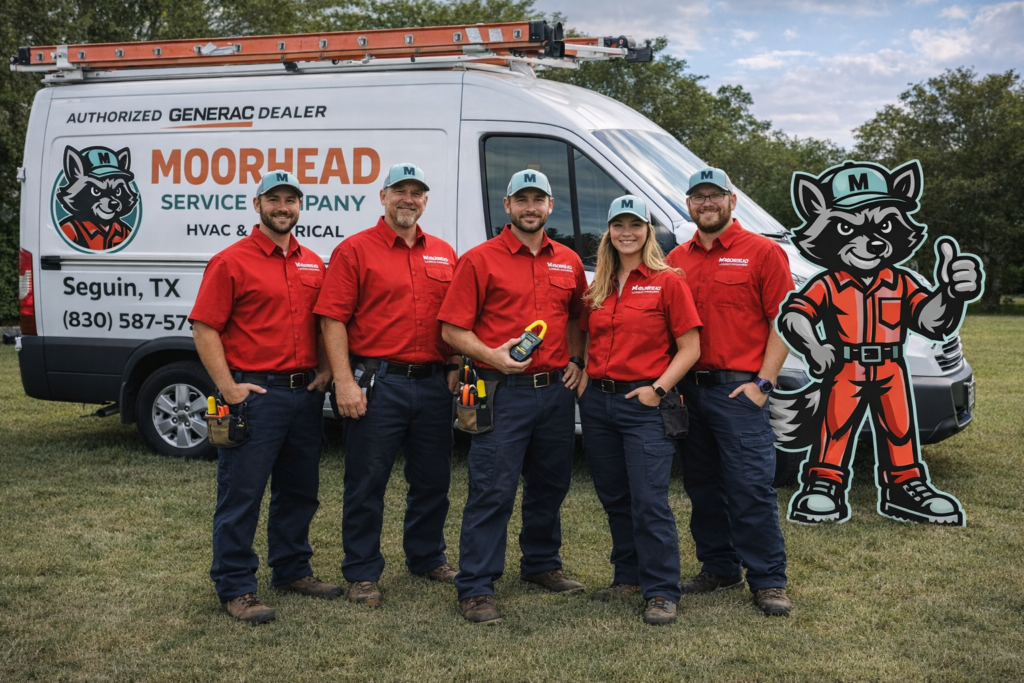 Moorhead Service Company authorized Generac dealer team in Seguin TX — licensed electricians installing whole-house standby generators