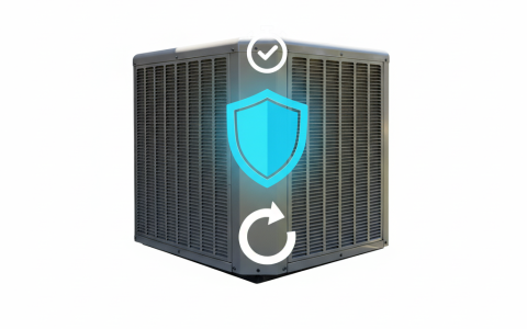 An isolated AC outdoor unit with a glowing blue shield icon, a checkmark icon, and a refresh/cycle icon superimposed, representing protection and optimal operation.