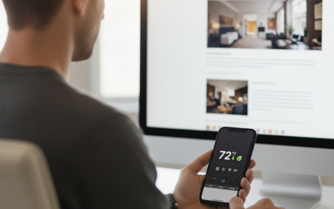 A person sitting at a desk, looking at a computer screen displaying interior design images, while holding a smartphone with a thermostat app showing "72°F" and climate controls.