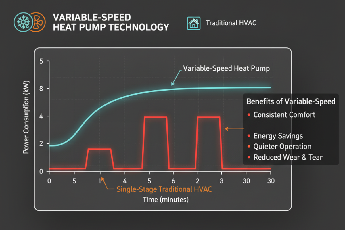 Diagram of variable-speed heat pump technology showing a smooth, consistent power curve compared to the start-stop cycle of older HVAC units.