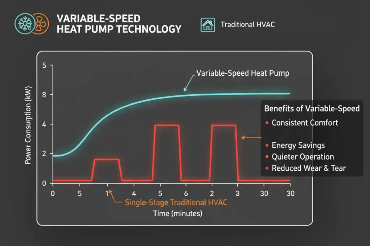Diagram of variable-speed heat pump technology showing a smooth, consistent power curve compared to the start-stop cycle of older HVAC units.