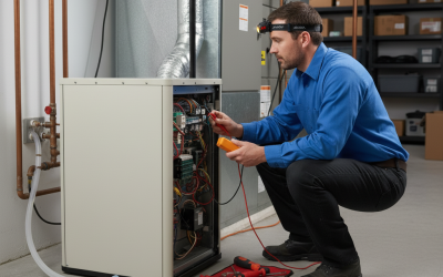 A technician diagnosing an issue with a dehumidifier, with tools ready.