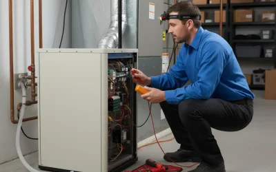A technician diagnosing an issue with a dehumidifier, with tools ready.
