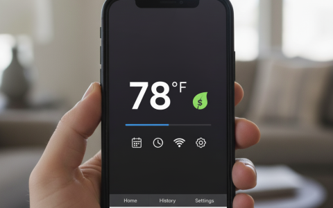 A hand holding a smartphone displaying a thermostat app with "78°F" and a green leaf money-saving icon. The background shows a blurred living room.
