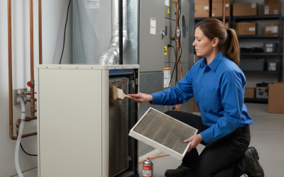 A technician cleaning the coils and filter on a whole-home dehumidifier.