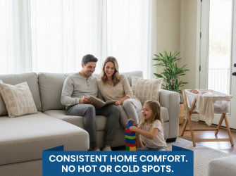 Family relaxing in a perfectly temperate room, representing consistent home comfort without hot or cold spots.